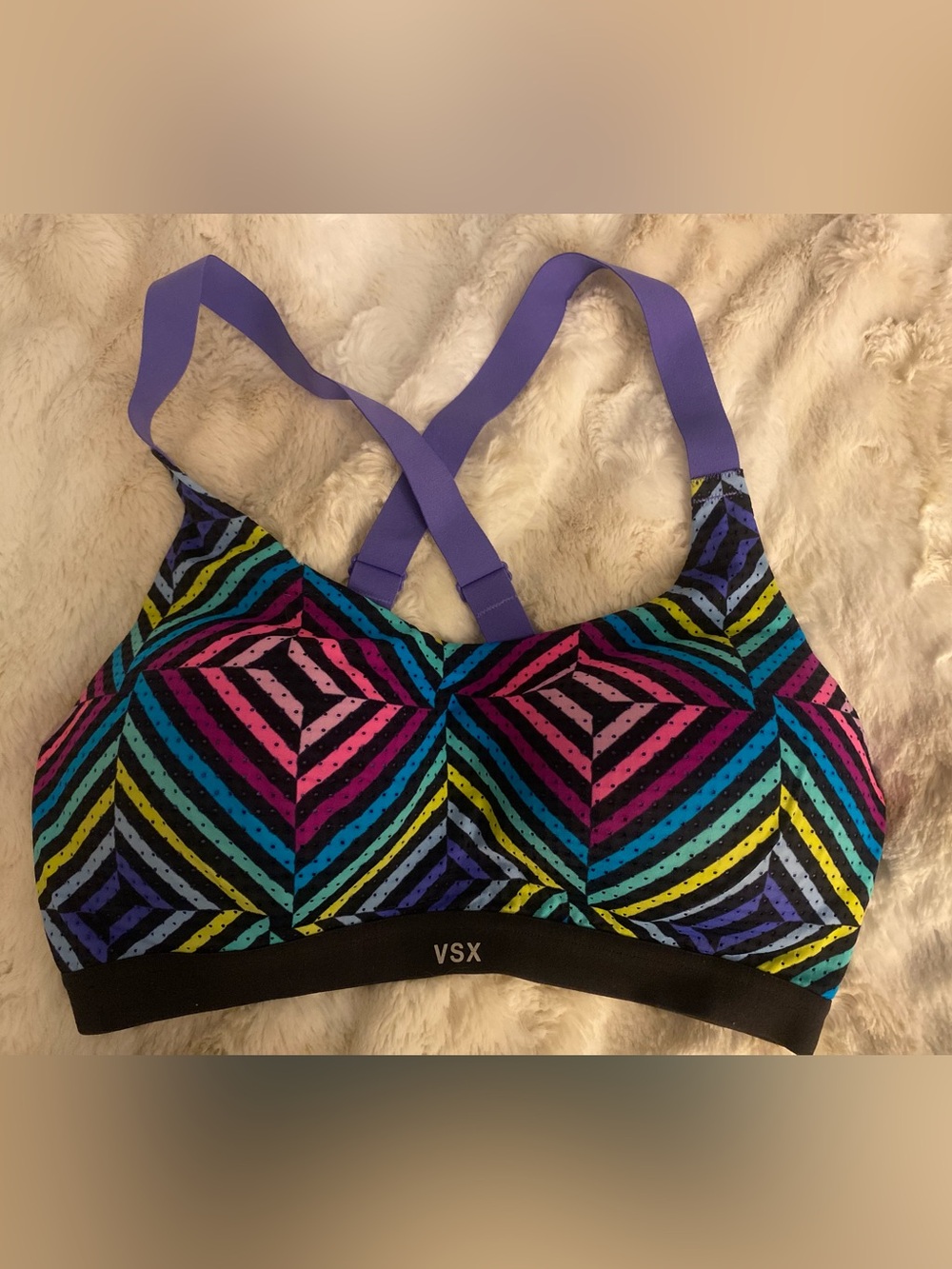 VSX Multicolor Geometric Stripe Sports Bra with Purple Straps